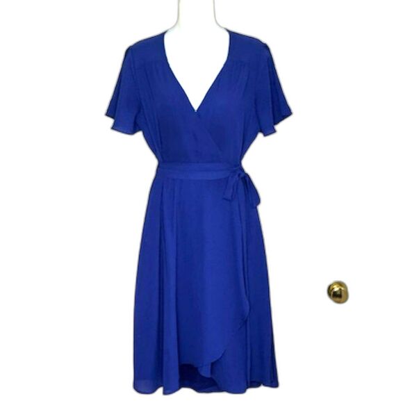 LULUS RISE TO THE OCCASTION ROYAL BLUE WRAP DRESS BUTTERFLY SLEEVE SIZE MEDIIUM - Picture 3 of 14